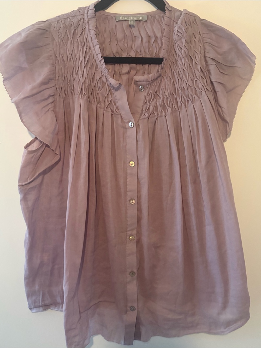 Daniel Rainn Mauve Smocked Flutter Sleeve Button-Front Top